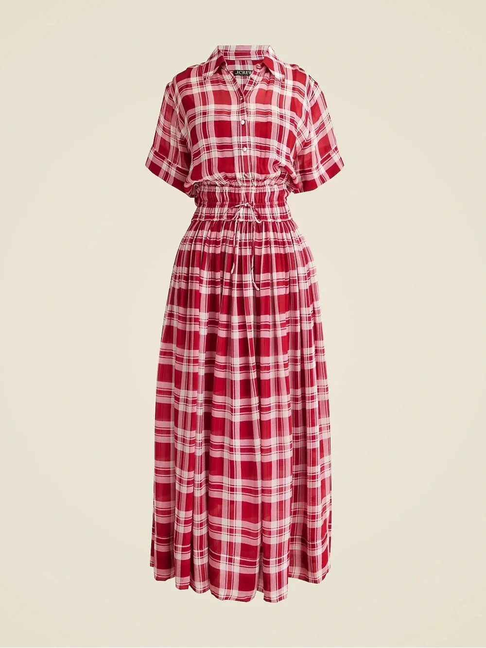 J. Crew Elena shirt-dress in plaid viscose chiffon red fall picnic cottage